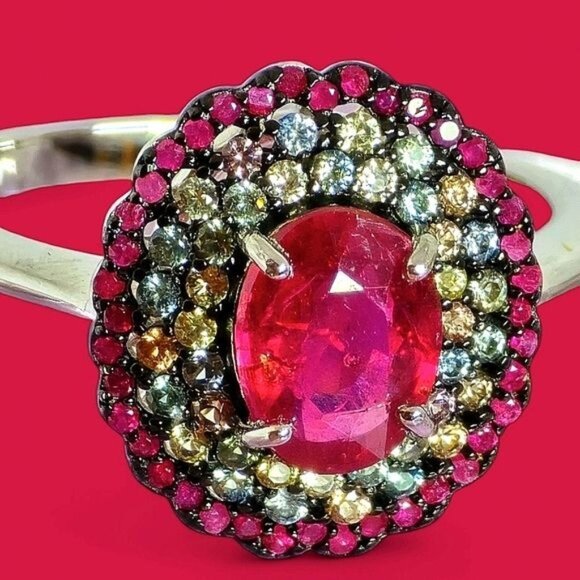925 Sterling Silver Ring Sz 7.75 with Natural Oval Ruby & Myanmar Sapphire - Picture 8 of 12